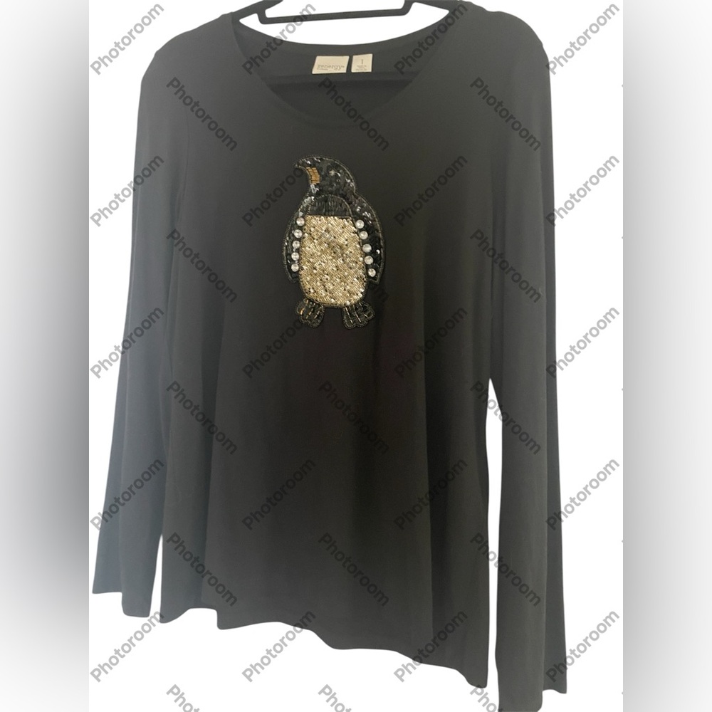 ZENERGY by CHICO’S black long sleeve tee with penguin sequins and stones.